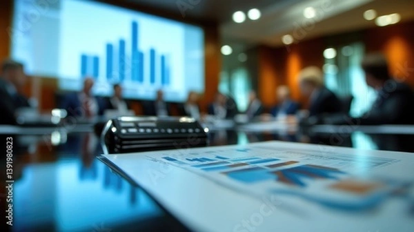Obraz Corporate strategy meeting with financial data and blurry conference attendees