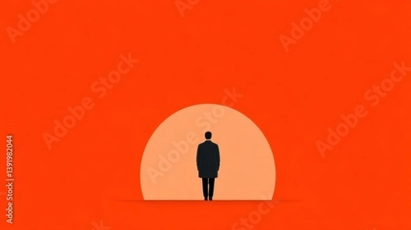 Obraz Silhouette Walking Towards Orange Circle on Red Background