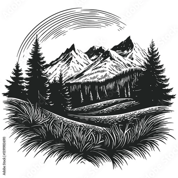 Fototapeta Detailed Black and White Mountain Landscape with Forest and Sky