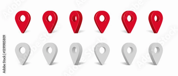 Obraz Shiny red and grey realistic map pointers vector set in various angles. Realistic location map pin gps pointer markers. Map pointer 3d pin. Vector illustration for destination