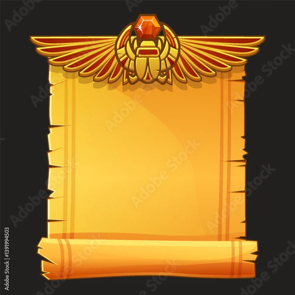 Fototapeta Ancient Egypt papyrus scroll cartoon vector with scarab and Egyptian culture religious wings, Egyptian icon, object, background or frame for game development.