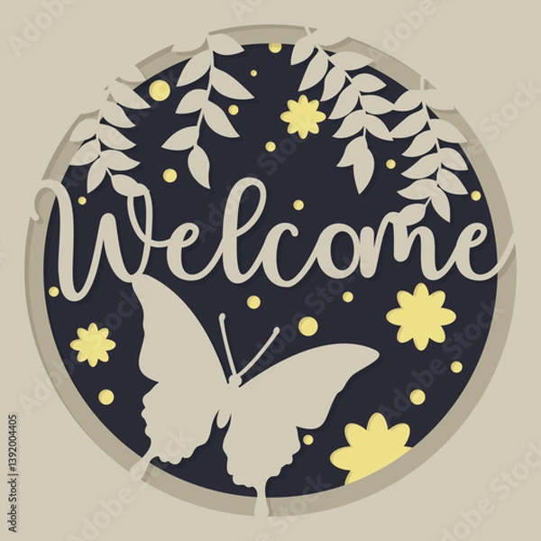 Obraz Welcome Card. Layered paper cut. Paper cut out design. Shadow box style. 3D design.