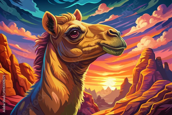 Fototapeta Camel portrait on an alien rock formation desert under a strange colored sky, animal banner