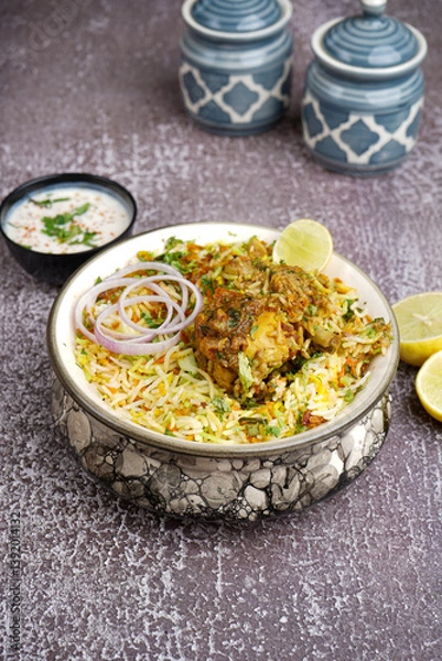 Fototapeta Chicken dum biryani served with a side of cooling raita and a hint of lemon zest