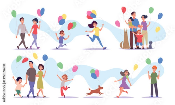 Fototapeta Holding balloons. Kids and adults with colorful big balloons exact vector happy people