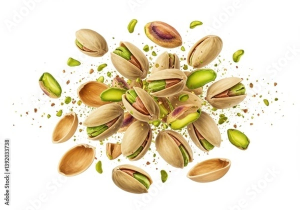 Fototapeta Exploding pistachio nuts floating green