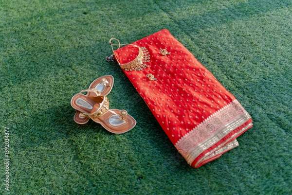 Fototapeta Beautiful red bridal saree with intricate golden embroidery, paired with traditional jewelry and embellished sandals, symbolizing Indian wedding elegance.