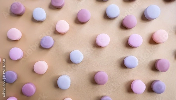 Fototapeta ベージュ色の背景に淡いラベンダーとピンクの水玉が不規則に並び、柔らかな色合いが落ち着きのある穏やかな印象を与える