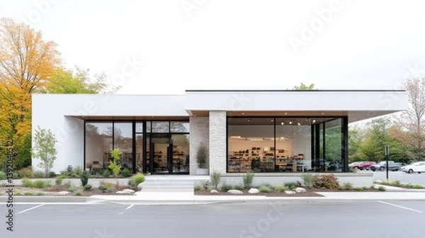 Fototapeta Modern retail store with large glass windows and clean white facade, situated on a quiet street with autumn foliage, and contemporary architecture concept.