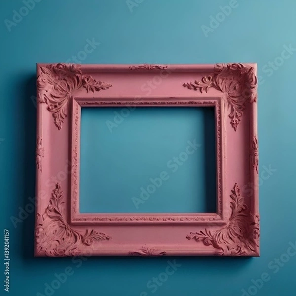 Fototapeta A pink empty retro frame isolated on the vibrant blue background.