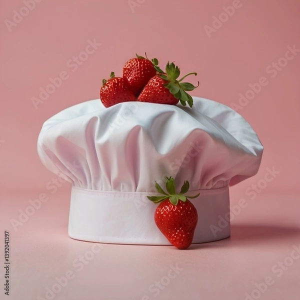 Fototapeta Chef hat with Strawberry concept on pastel pink background. minimal idea food and fruit concept.