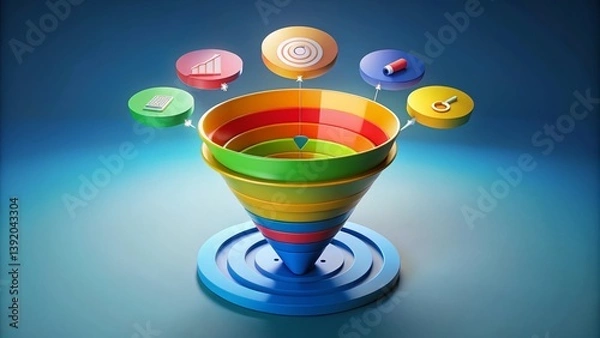 Fototapeta Aerial View of Sales Funnel Stages: Awareness, Interest, Decision, Action - AIDA Marketing Model