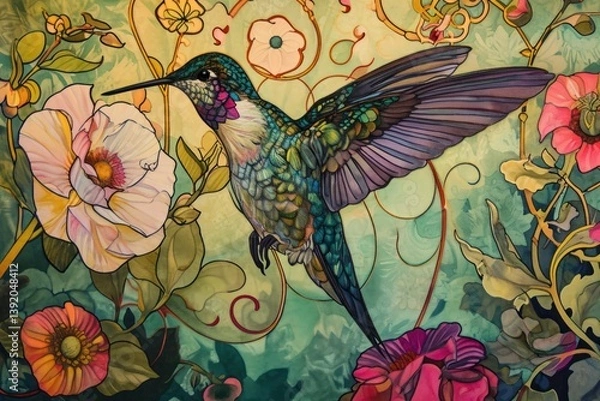 Obraz Hummingbird and flowers hummingbird art animal.