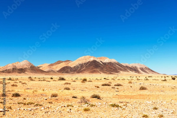 Fototapeta Typical lifeless landscape of Namibia, Africa. Sapless desert and mountains on clear blue sky background