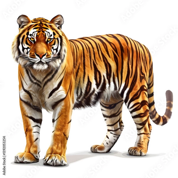 Fototapeta realistic tiger with vivid orange fur, black stripes and detailed facial features, powerful stance, soft shadowing, isolated on white background, wildlife clipart style