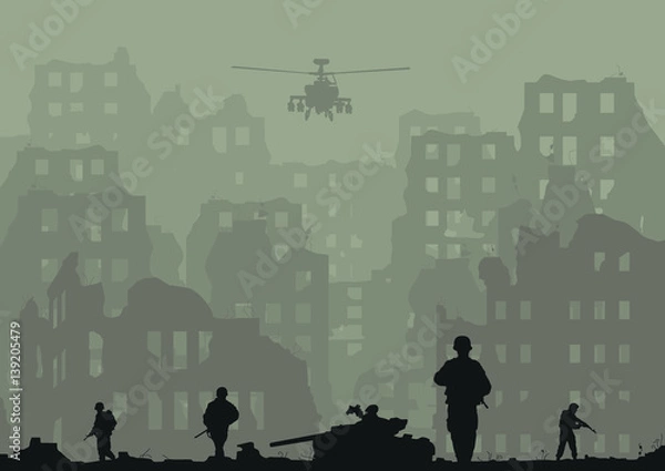 Fototapeta Ilustracja przedstawiająca zrujnowane miasto, eksplodujące czołgi, helikoptery i żołnierzy.