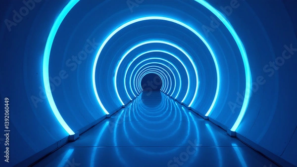 Fototapeta blue tunnel features curved design neon lights modern futuristic visual