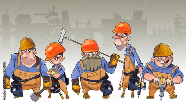 Fototapeta cartoon team of men in helmets and clothing workers-builders