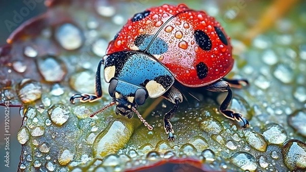 Obraz Vibrant Ladybug Close-Up Macro Water Droplets On Leaf Nature Photography Wildlife Insect