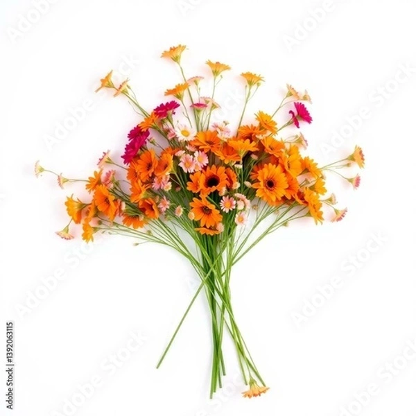 Obraz High-resolution commercial stock photo A tightly arranged ditsy print of small orange, red, and pink flowers on a pure white background.  Style spring bouquet, professional photography