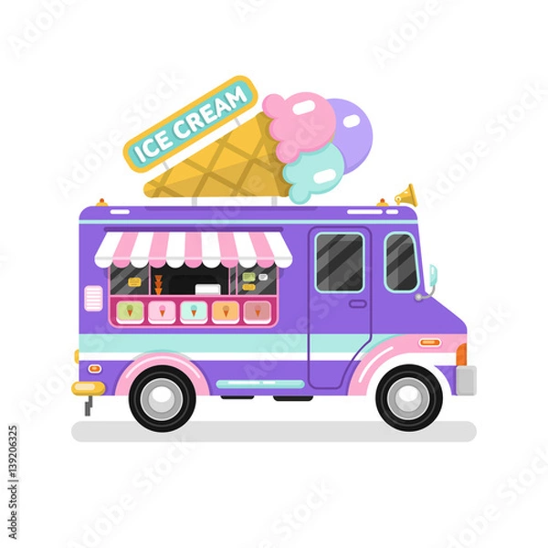 Fototapeta Flat design vector illustration of ice cream car. Mobile retro vintage shop truck icon with signboard with big ice cream cone. Side view, isolated on white background.