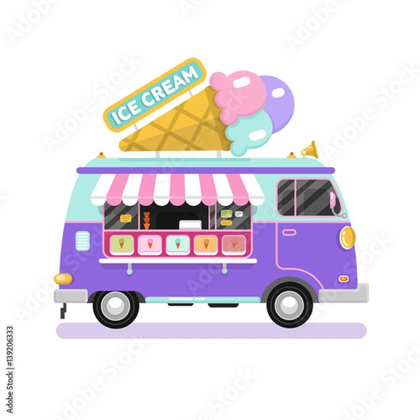 Fototapeta Flat design vector illustration of ice cream car. Mobile retro vintage shop truck icon with signboard with big ice cream cone. Side view, isolated on white background.