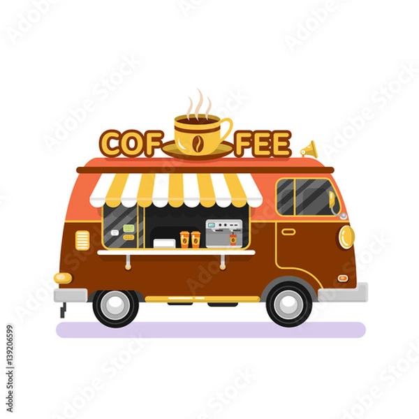 Fototapeta Flat design vector illustration of brown coffee van. Mobile retro vintage shop truck icon with signboard with big cup of coffee. Side view, isolated on white background. Hot drinks on wheels concept.