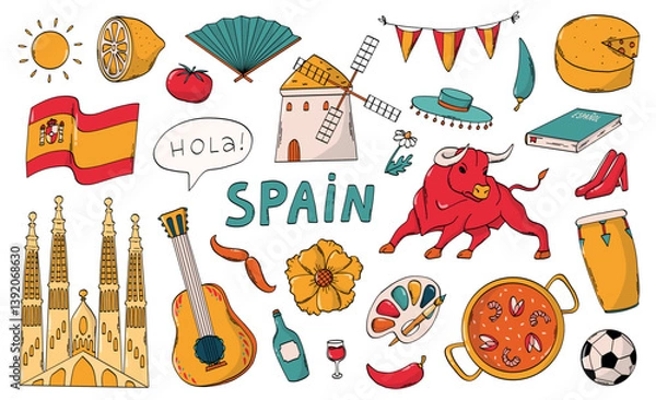 Obraz Spain colorful doodles, cartoon elements collection for stickers, prints, planners, signs, cards, emblems, etc. EPS 10