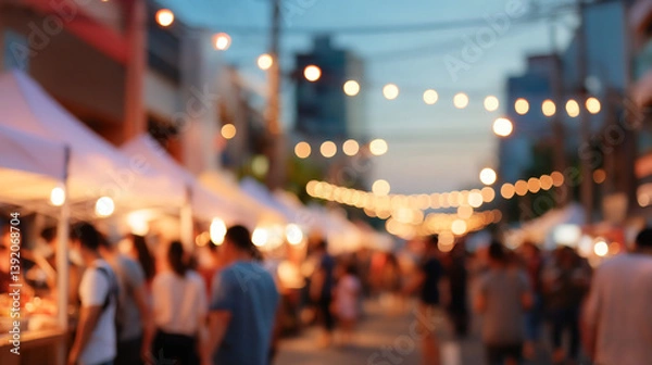 Obraz Blurred street fair scene with people, food stalls, and string lights at dusk creating a bokeh effect