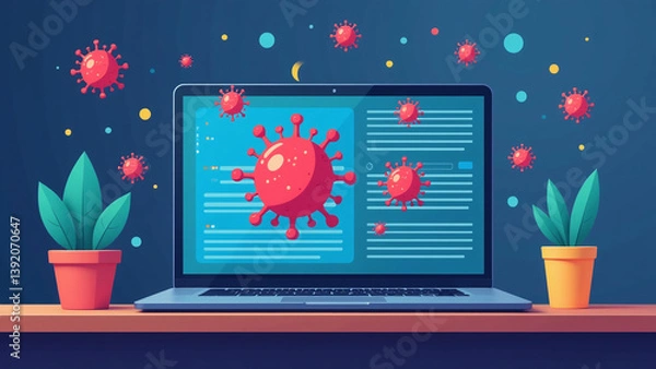 Fototapeta virus detection scans laptop malware bugs triggering antivirus alerts flat cartoon vector icons digital emergency