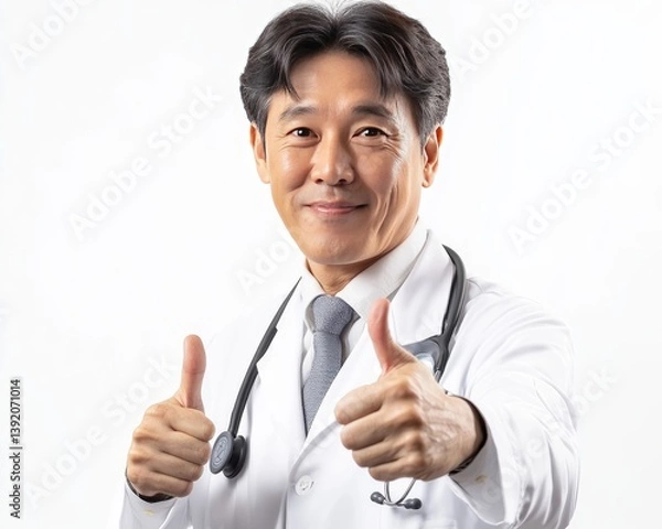 Obraz A 55-year-old doctor from South Korea gives a thumbs up with strong approval. Health. Longevity.