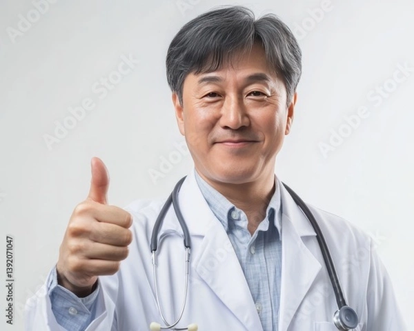 Obraz A 55-year-old doctor from South Korea gives a thumbs up with strong approval. Health. Longevity.