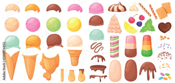 Obraz Ice cream constructor. Create icecream flavor, scoop balls waffle cone or popsicle on stick sorbet topping sprinkles gelato sundae frozen fruit cream set neat vector illustration