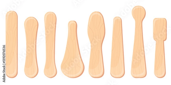 Obraz Wooden popsticks. Popsicle sticks, ice cream stick wood spatula lollipop tongue depressor, coffee spoon icecream eskimo bar summer frozen dessert cartoon neat vector illustration
