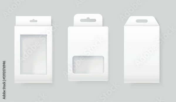 Obraz Realistic hanging packaging. Hang product package mockup, accessories packages cardboard box plastic windows with hole hanger retail showcase, realistic exact vector illustration