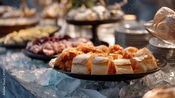 Fototapeta A buffet table with various food items including bread meat cheese and other appetizers on ice display