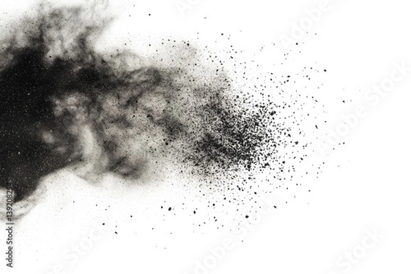 Obraz Black powder explosion, abstract art, dark particles scattered on white background.
