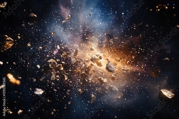 Fototapeta Golden asteroids and cosmic dust swirl in a vibrant nebula, a breathtaking celestial scene.