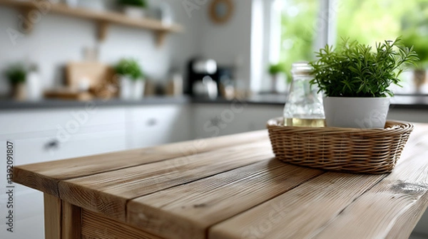 Fototapeta Warm sunlight streaming across rustic wood table with soft-focus modern kitchen behind, wooden table, kitchen background, bokeh sunlight, golden light, empty surface, blurred interior, bright kitchen,