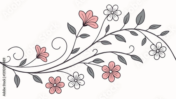 Fototapeta "A seamless wavy border made of delicate hand-sketched flowers and leafy vines, minimal and clean design, vector format for poster frames."