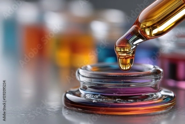 Obraz Close-up of golden liquid being dispensed from a pipette into a glass container, with blurred colored vials in the background, showcasing scientific research.