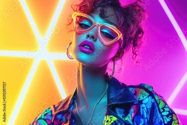 Fototapeta A stylish woman with vibrant makeup and bright clothes poses against a neon background.
