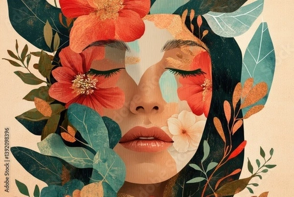 Obraz Serene woman's face adorned with vibrant flowers and leaves, a captivating collage.