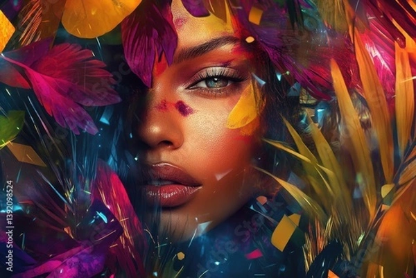 Fototapeta A woman's face is partially obscured by vibrant, colorful feathers and foliage, creating a surreal and artistic image.