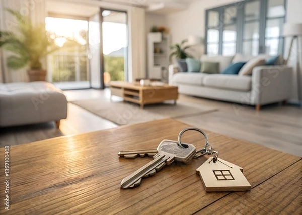 Fototapeta House Keys on Wooden Table – Symbolizing Homeownership and New Beginnings in a Modern Apartment