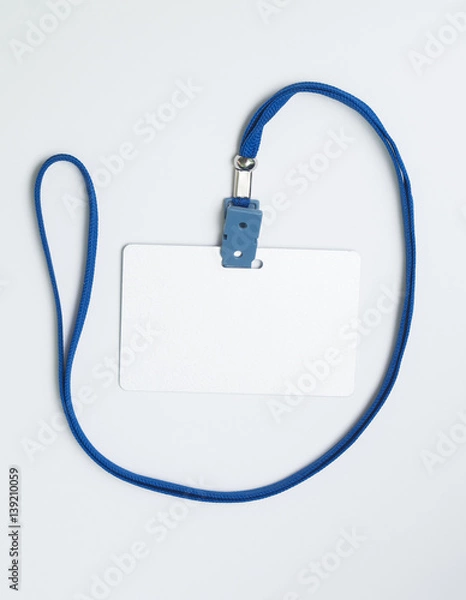 Fototapeta Lanyard and badge. Conference badge. Blank badge template in plastic holder with blue strap.