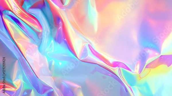 Fototapeta Holographic iridescent background with vibrant pastel colors, featuring fluid and glossy texture that creates dreamy and futuristic aesthetic