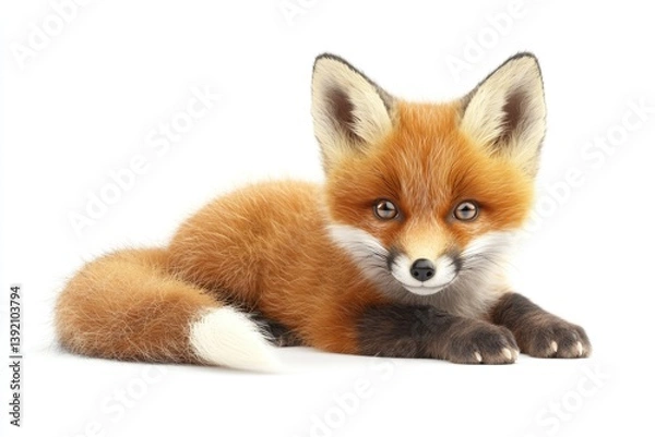 Fototapeta Adorable red fox kit with fluffy orange fur and a bushy white-tipped tail, lying down.