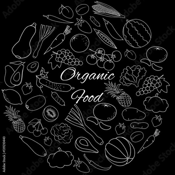 Fototapeta Vector set with white outline fruits, vegetables and berries on black