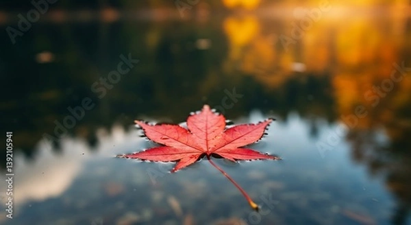 Fototapeta Single red leaf floats calm water autumn colors. AI Generated